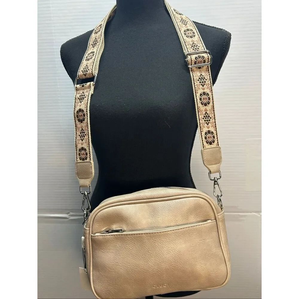 CLUCI Small Crossbody Bag Vegan Leather Boho Guitar Strap Beige NWT
